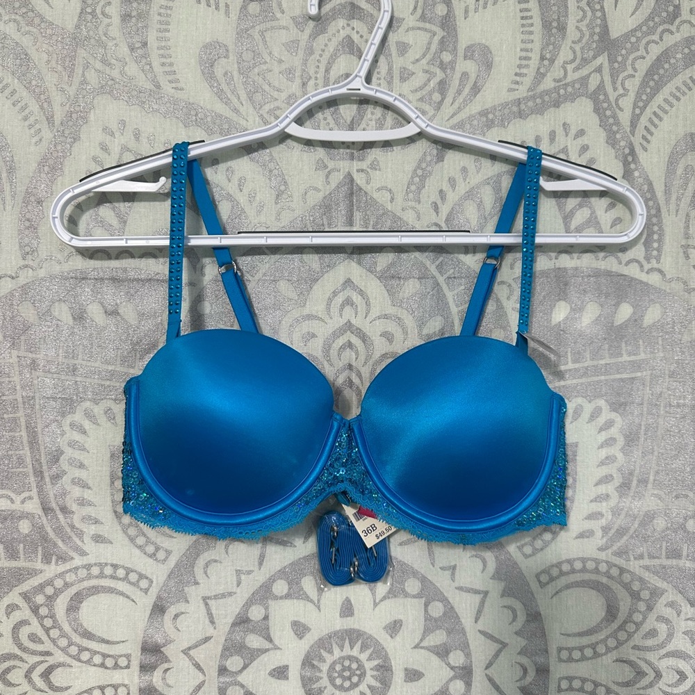 Nwt 2011 Victoria Secret Pink Holographic Sequin Blue Mermaid Strapless Bra 36B